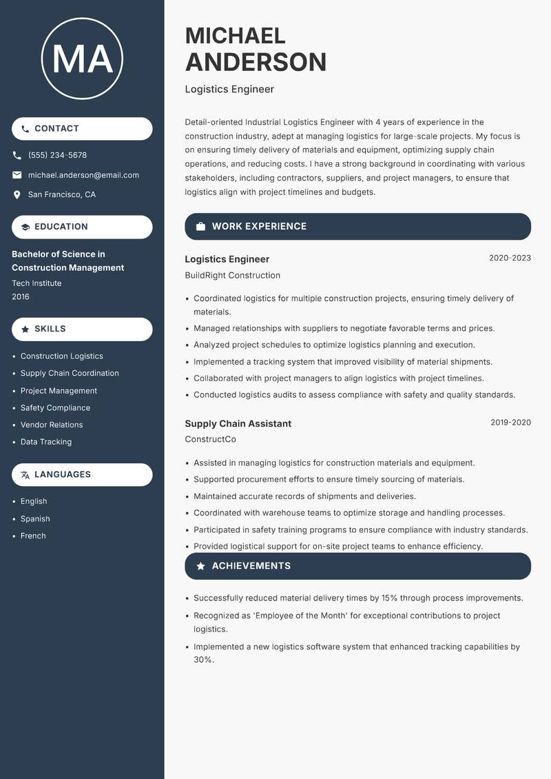 Industrial Logistics Engineer resume template — Compact