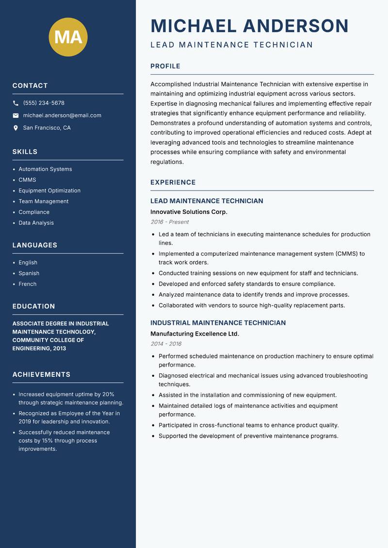 Industrial Maintenance Technician resume template — Classic Clean