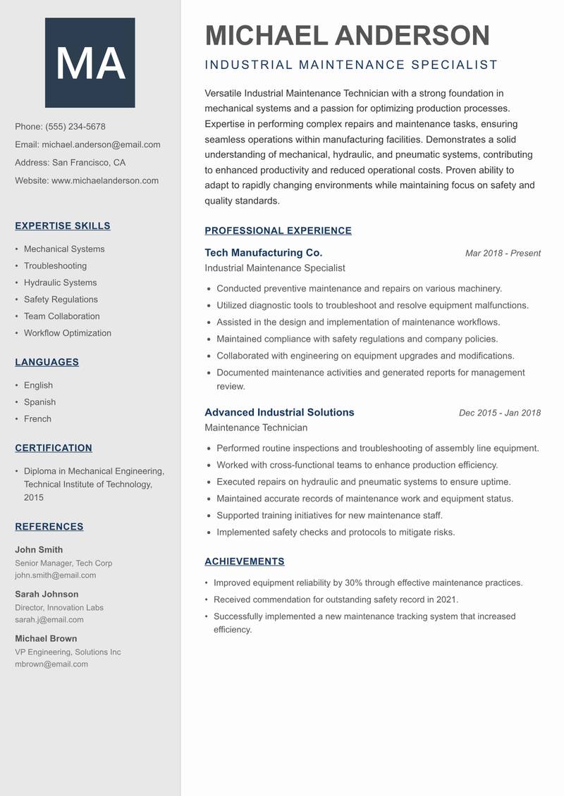 Industrial Maintenance Technician resume template — Creative Minimal