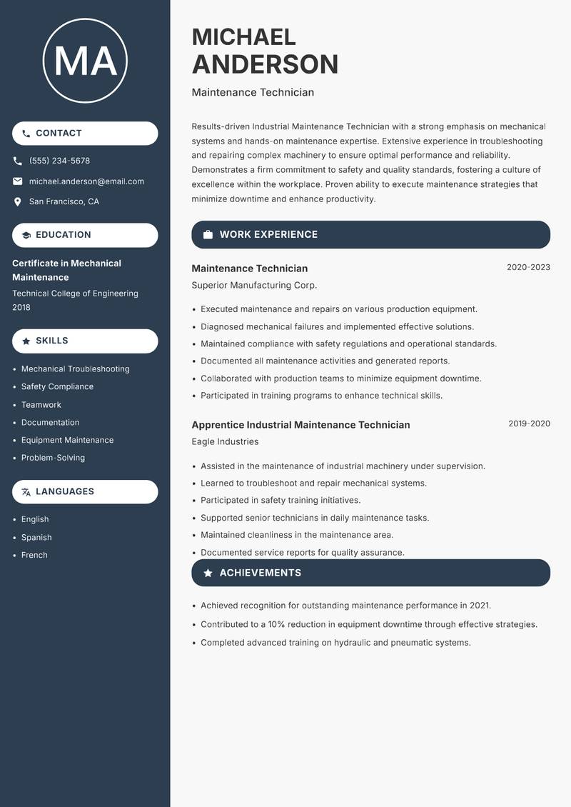 Industrial Maintenance Technician resume template — Compact