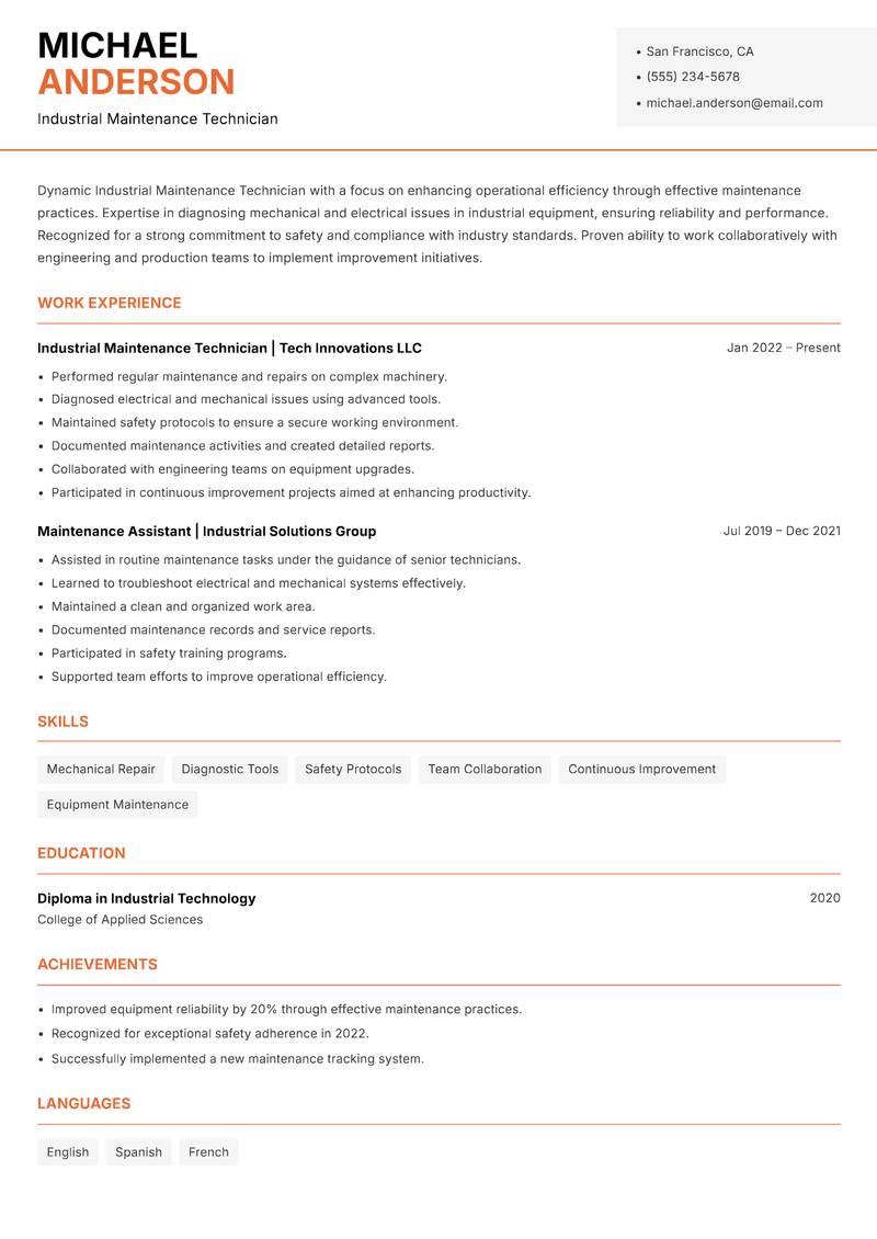 Industrial Maintenance Technician resume template — Modern Professional