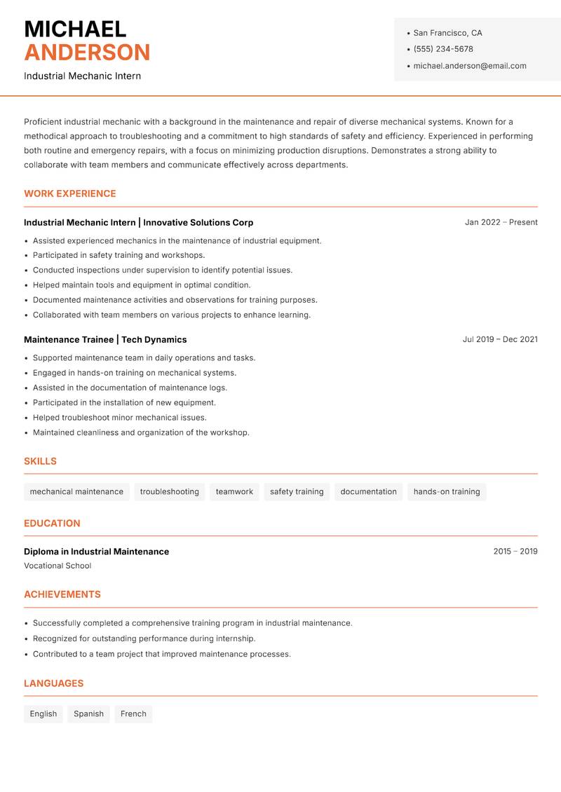 Industrial Mechanic resume template — Modern Professional