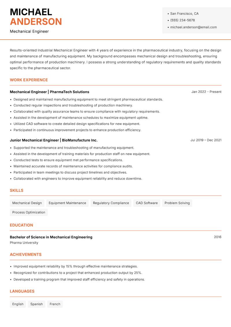 Industrial Mechanical Engineer resume template — Modern Professional