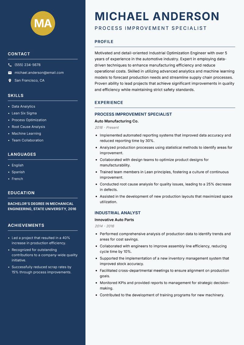 Industrial Optimization Engineer resume template — Classic Clean