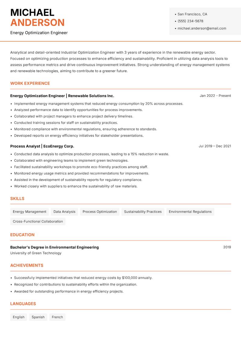 Industrial Optimization Engineer resume template — Modern Professional
