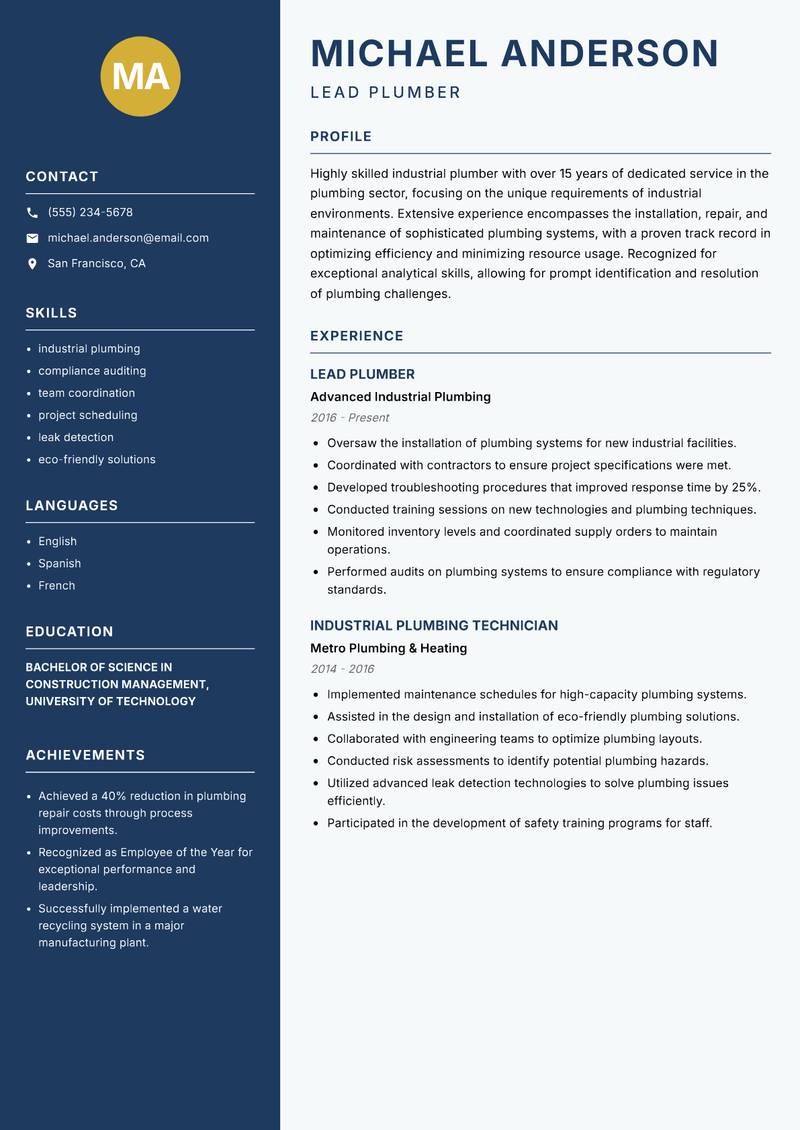 Industrial Plumber resume template — Classic Clean