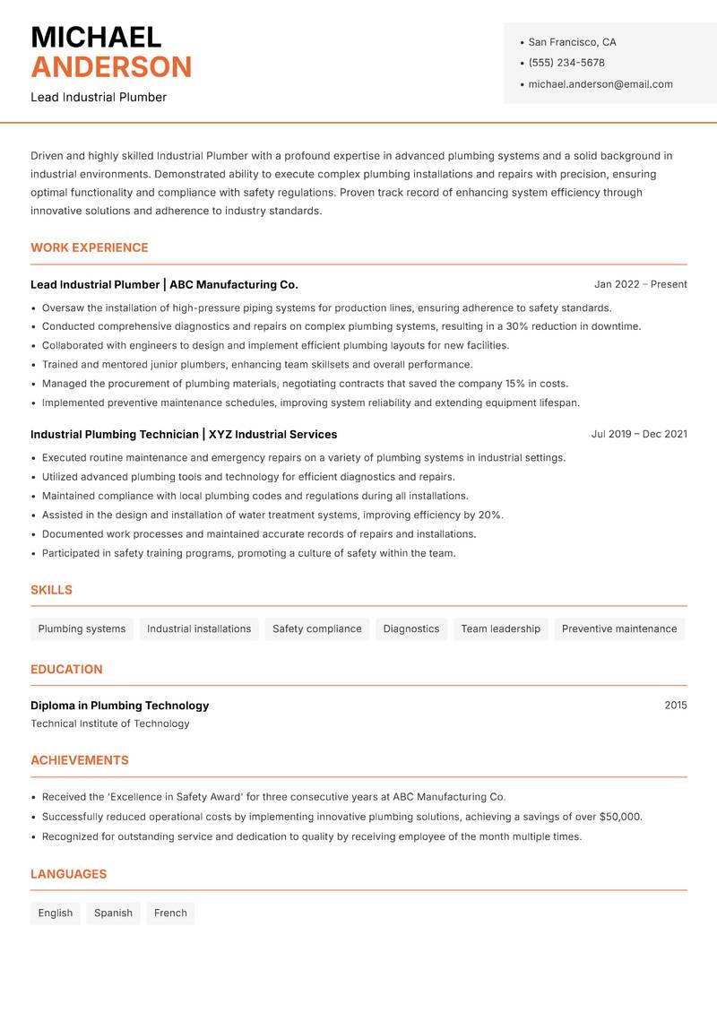 Industrial Plumber resume template — Modern Professional