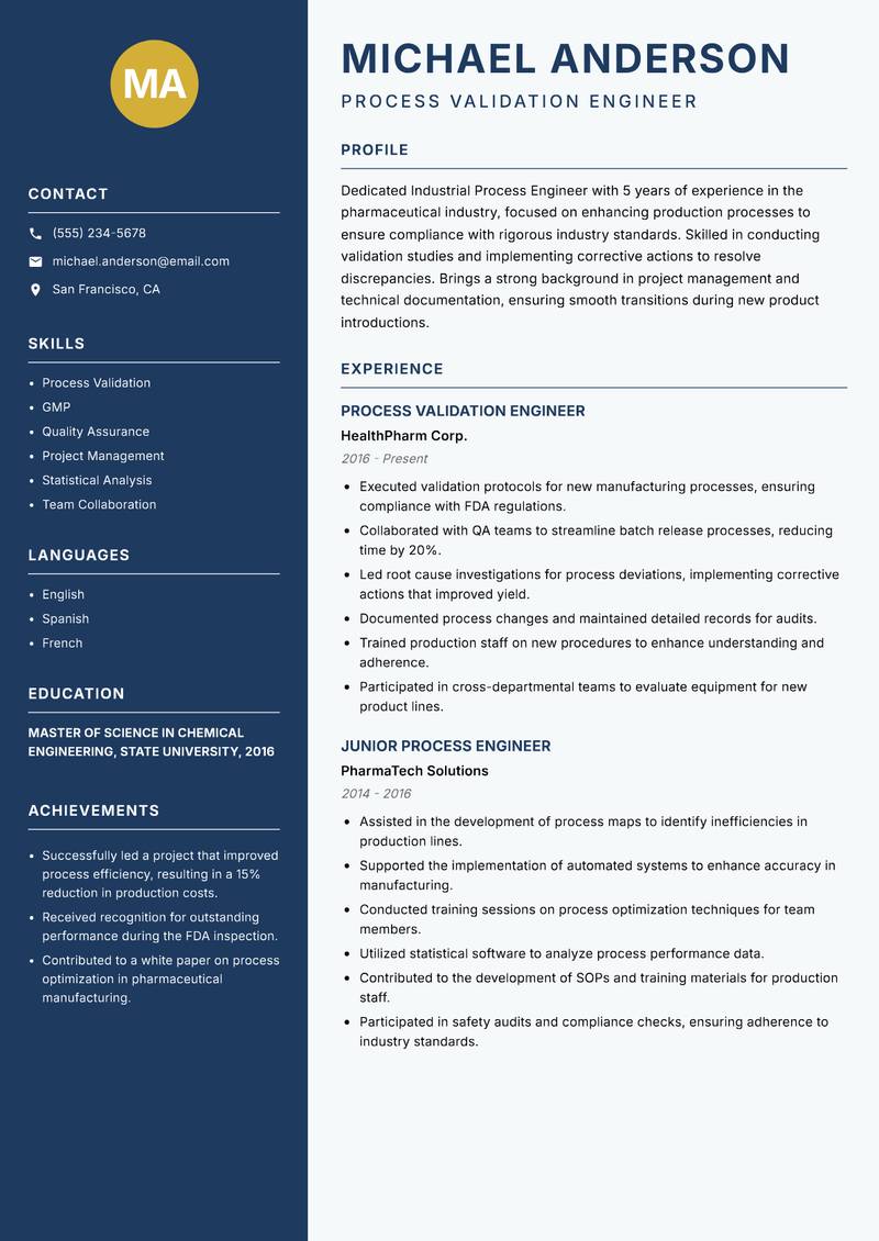 Industrial Process Engineer resume template — Classic Clean