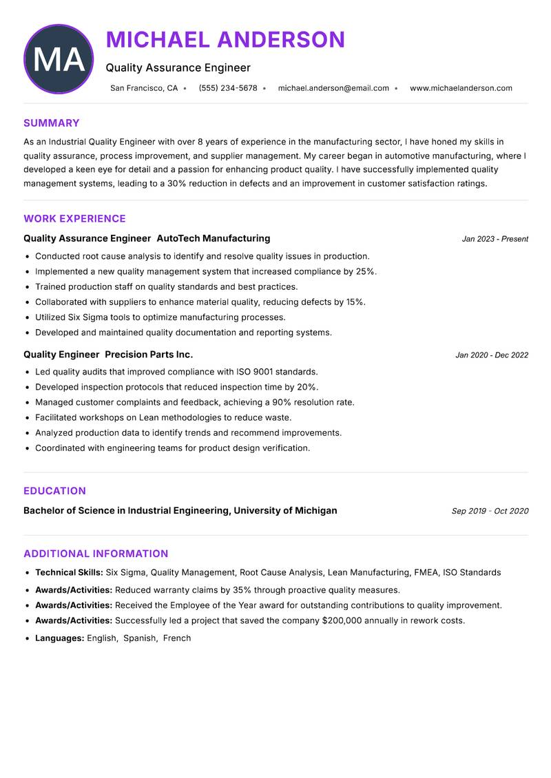 Industrial Quality Engineer resume example — ATS-friendly template