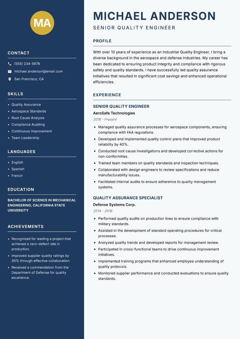 Industrial Quality Engineer resume template — Classic Clean