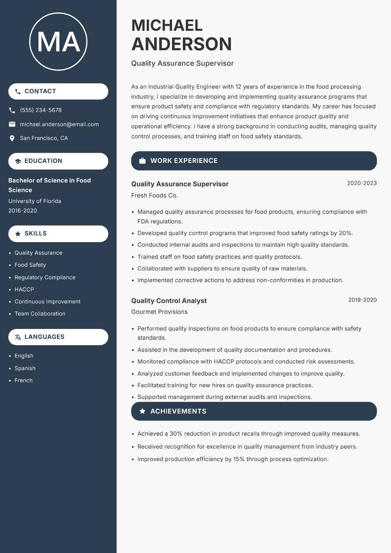 Industrial Quality Engineer resume template — Compact