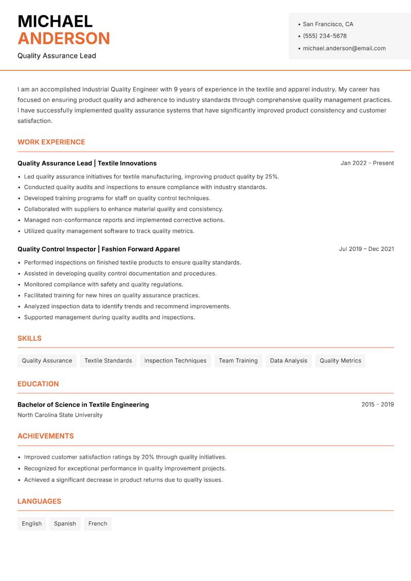 Industrial Quality Engineer resume template — Modern Professional