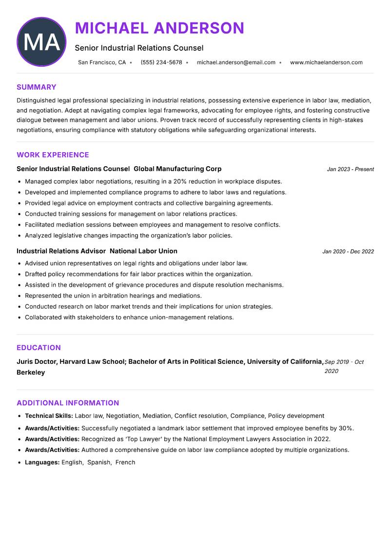 Industrial Relations Lawyer resume example — ATS-friendly template