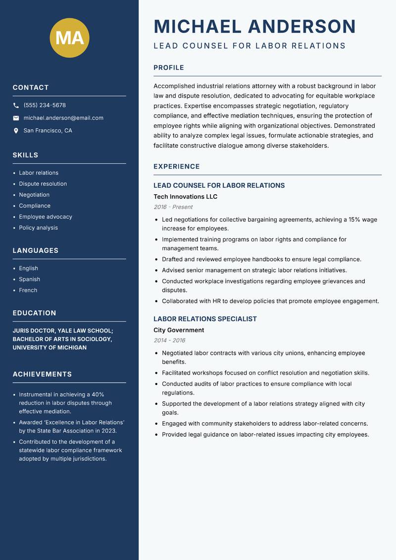 Industrial Relations Lawyer resume template — Classic Clean