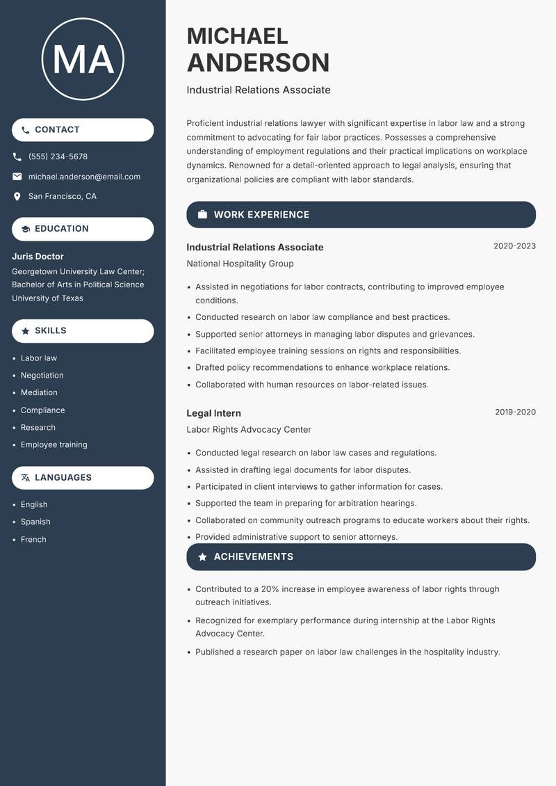 Industrial Relations Lawyer resume template — Compact