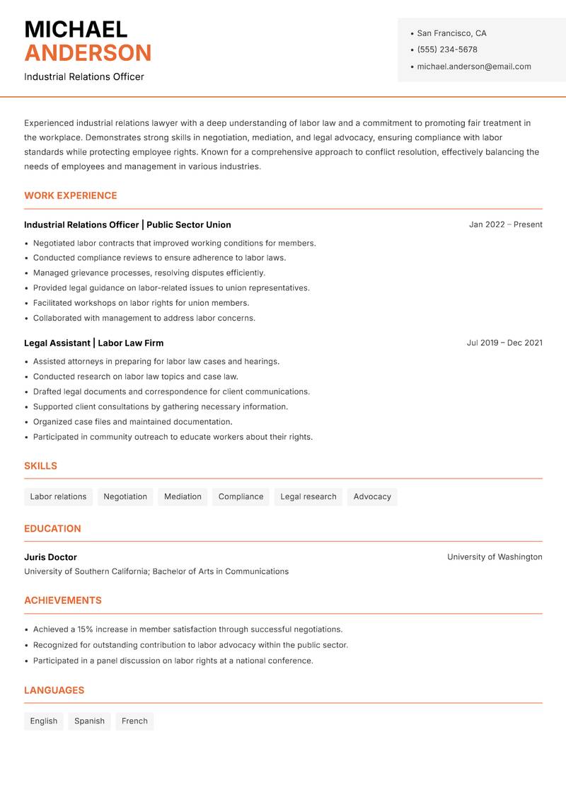 Industrial Relations Lawyer resume template — Modern Professional