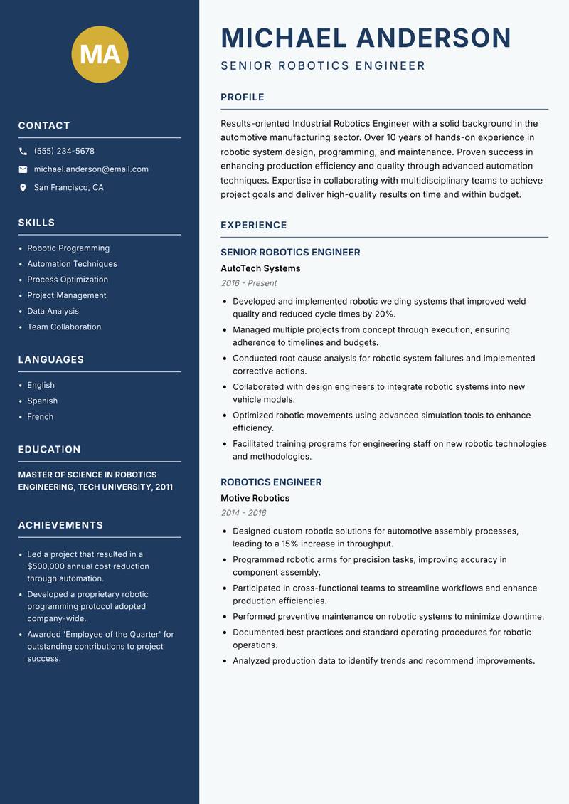 Industrial Robotics Engineer resume template — Classic Clean