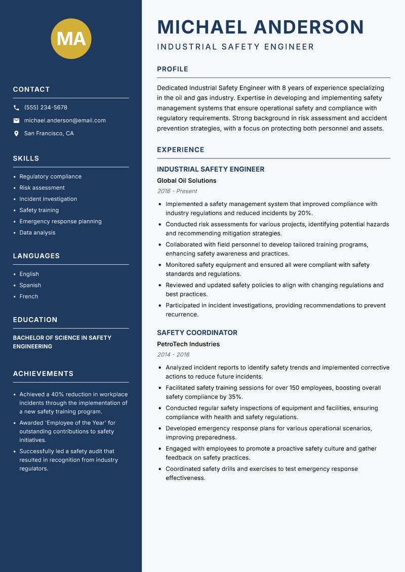 Industrial Safety Engineer resume template — Classic Clean