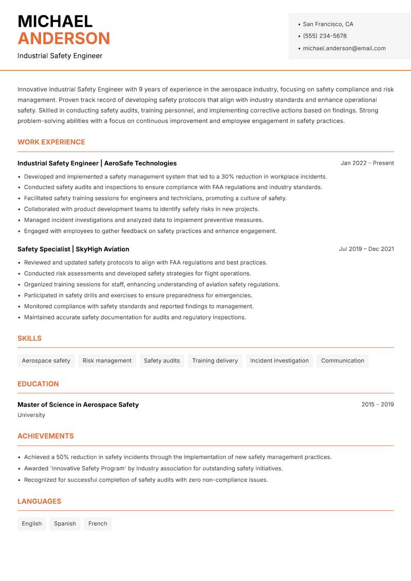 Industrial Safety Engineer resume template — Modern Professional