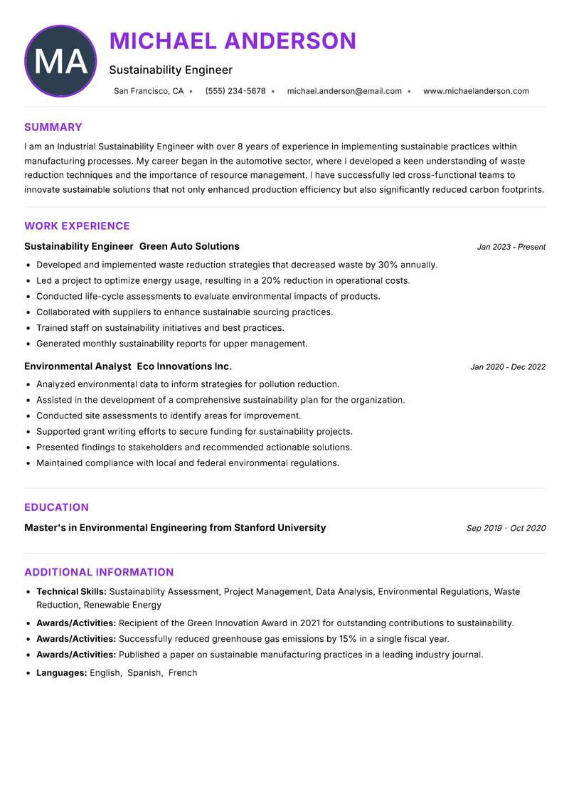 Industrial Sustainability Engineer resume example — ATS-friendly template