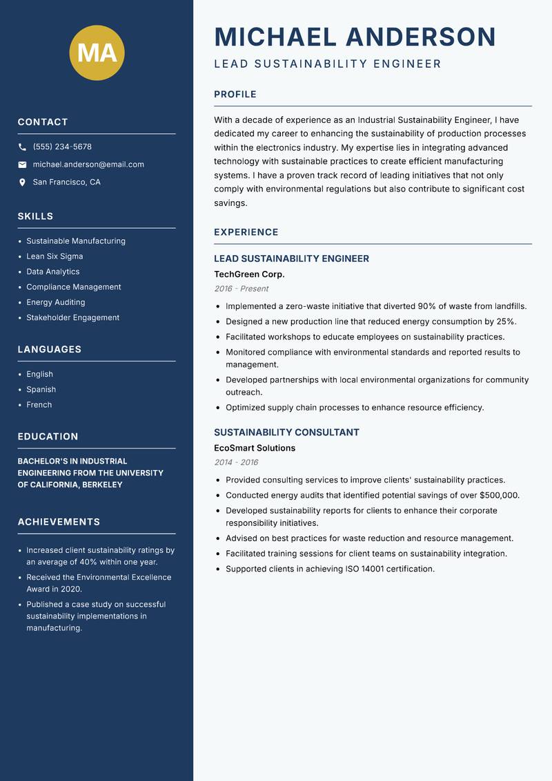Industrial Sustainability Engineer resume template — Classic Clean