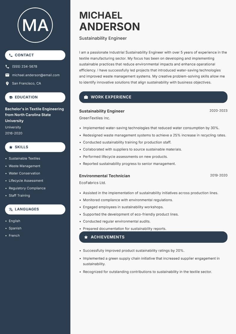 Industrial Sustainability Engineer resume template — Compact