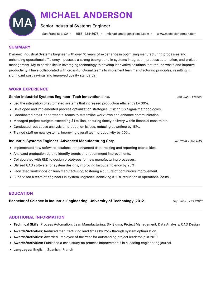 Industrial Systems Engineer resume example — ATS-friendly template