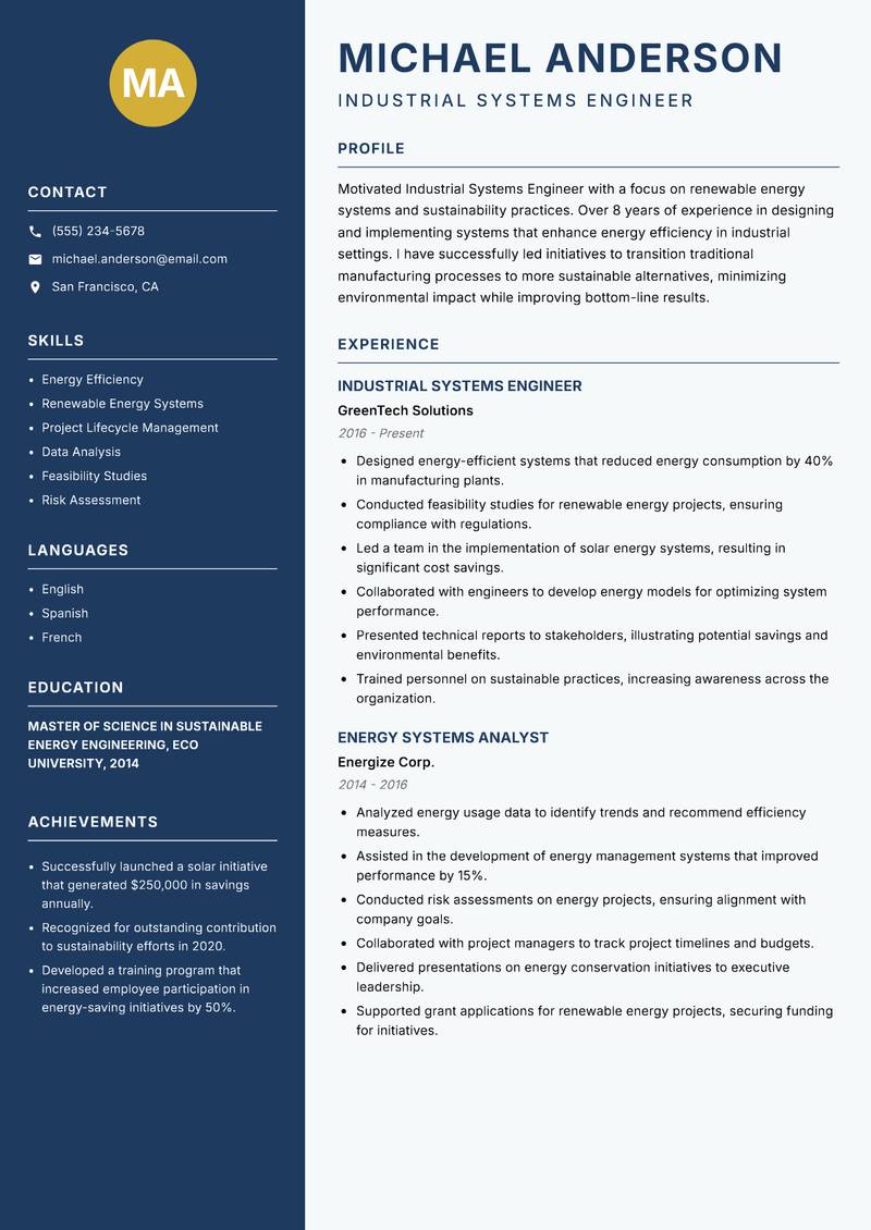 Industrial Systems Engineer resume template — Classic Clean