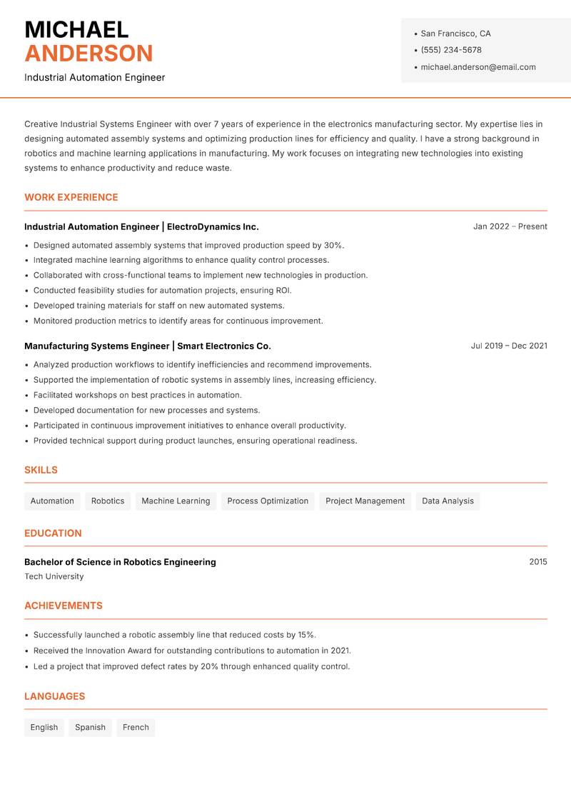 Industrial Systems Engineer resume template — Modern Professional