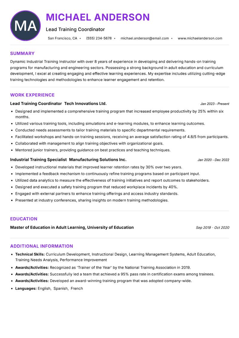 Industrial Training Instructor resume example — ATS-friendly template