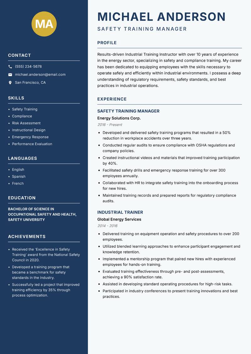 Industrial Training Instructor resume template — Classic Clean