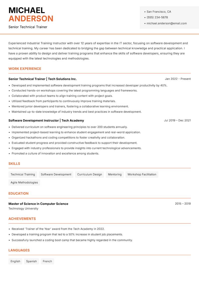 Industrial Training Instructor resume template — Modern Professional