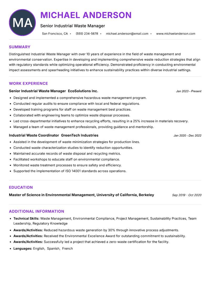 Industrial Waste Manager resume example — ATS-friendly template
