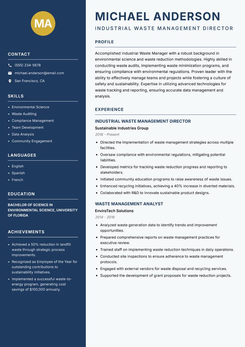Industrial Waste Manager resume template — Classic Clean