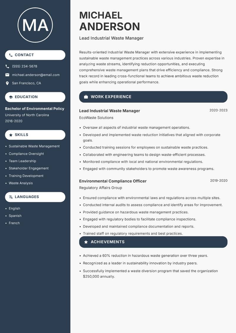 Industrial Waste Manager resume template — Compact