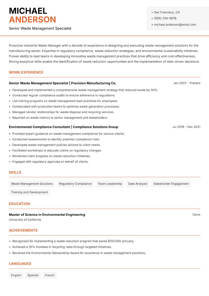 Industrial Waste Manager resume template — Modern Professional