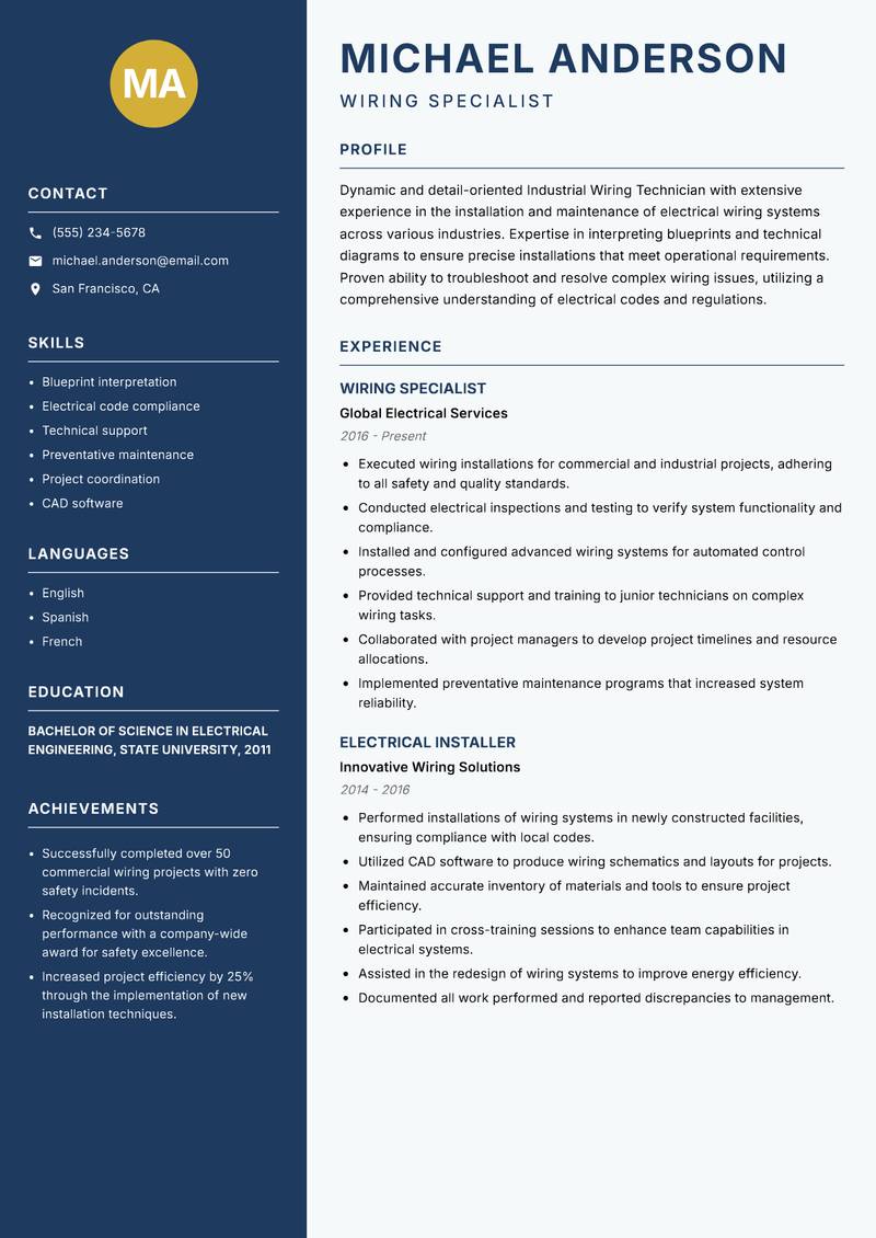 Industrial Wiring Technician resume template — Classic Clean