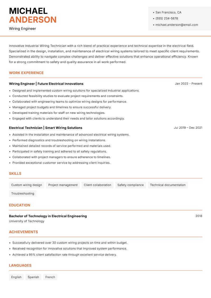Industrial Wiring Technician resume template — Modern Professional