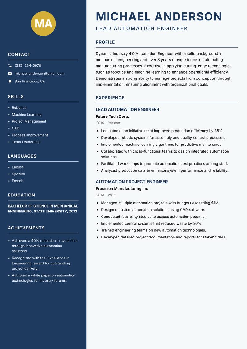 Industry 4.0 Automation Engineer resume template — Classic Clean