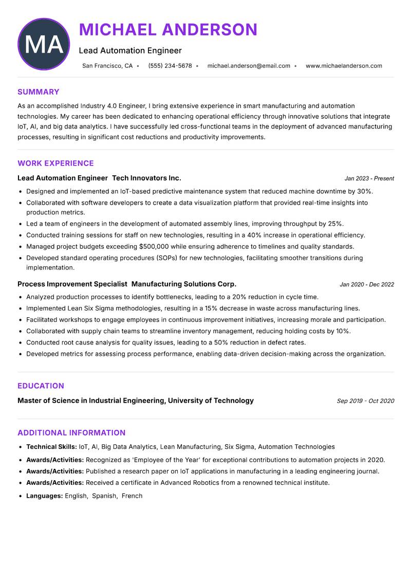 Industry 4.0 Engineer resume example — ATS-friendly template