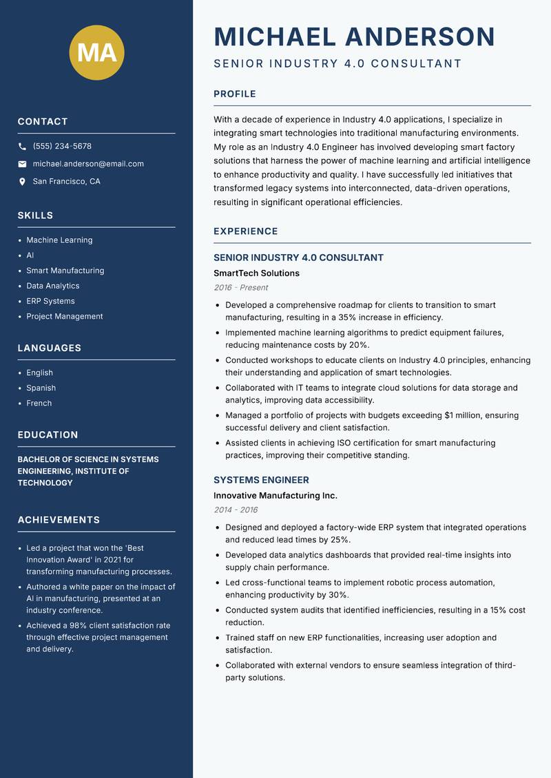 Industry 4.0 Engineer resume template — Classic Clean