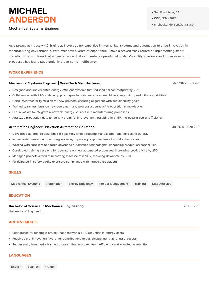 Industry 4.0 Engineer resume template — Modern Professional
