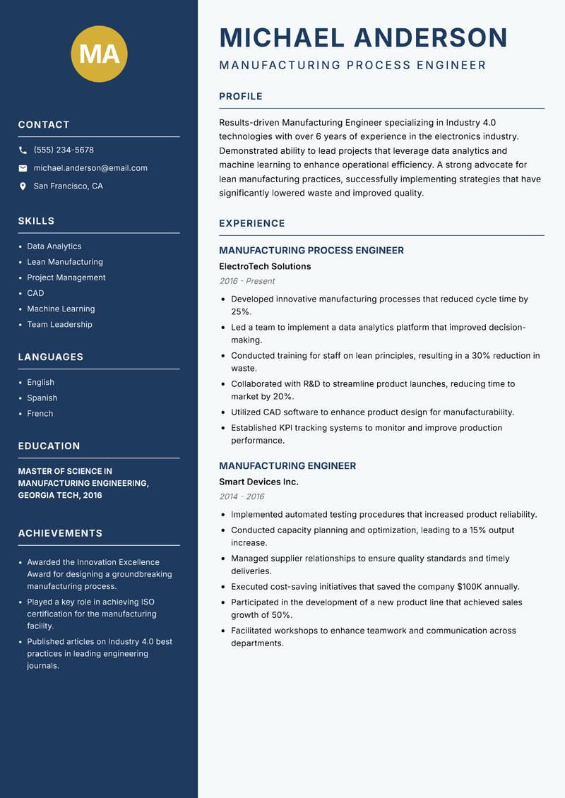 Industry 4.0 Manufacturing Engineer resume template — Classic Clean