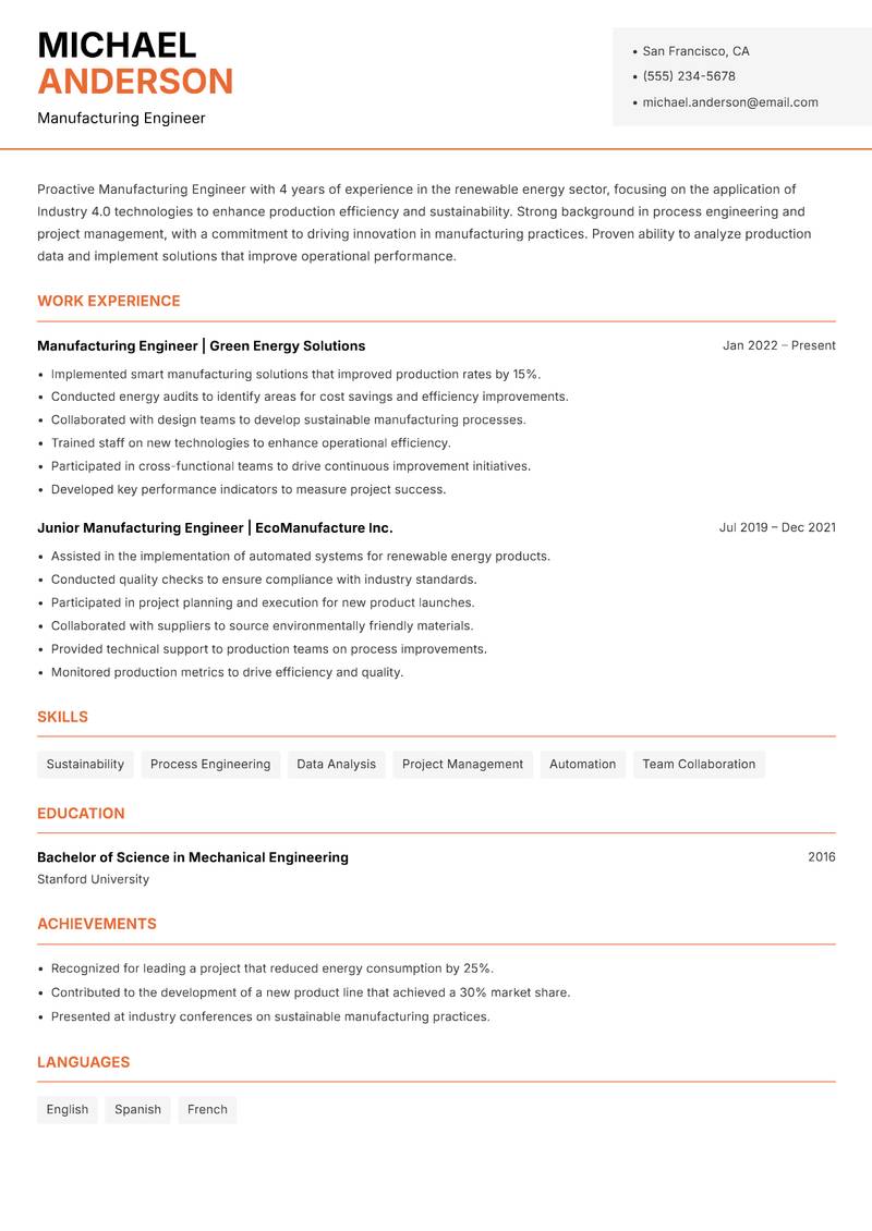 Industry 4.0 Manufacturing Engineer resume template — Modern Professional