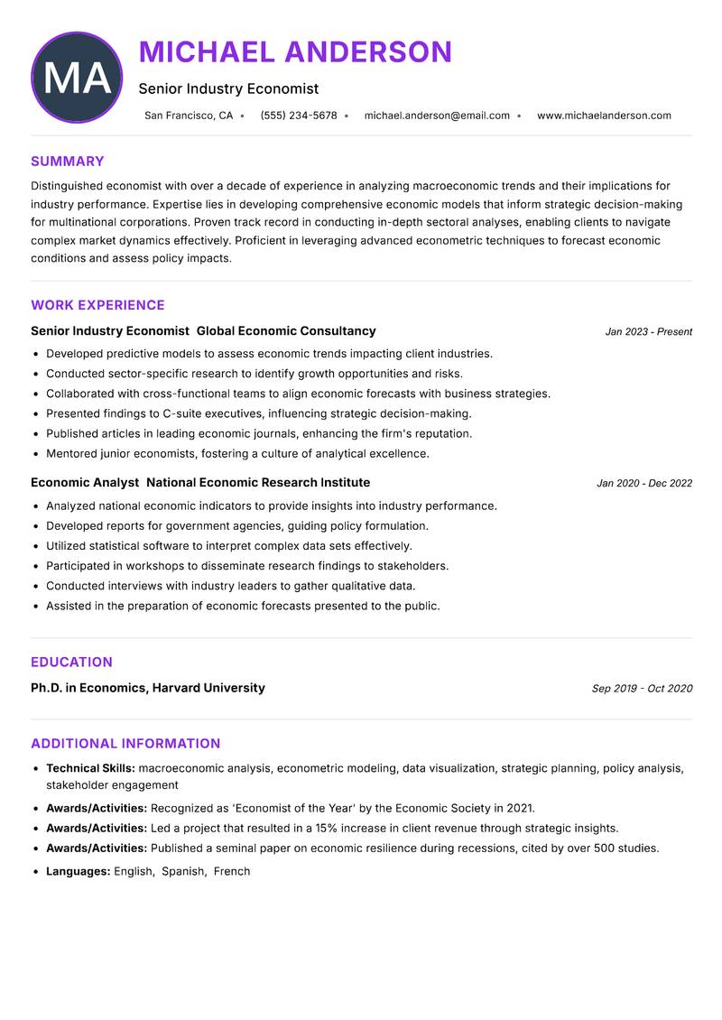 Industry Economist resume example — ATS-friendly template