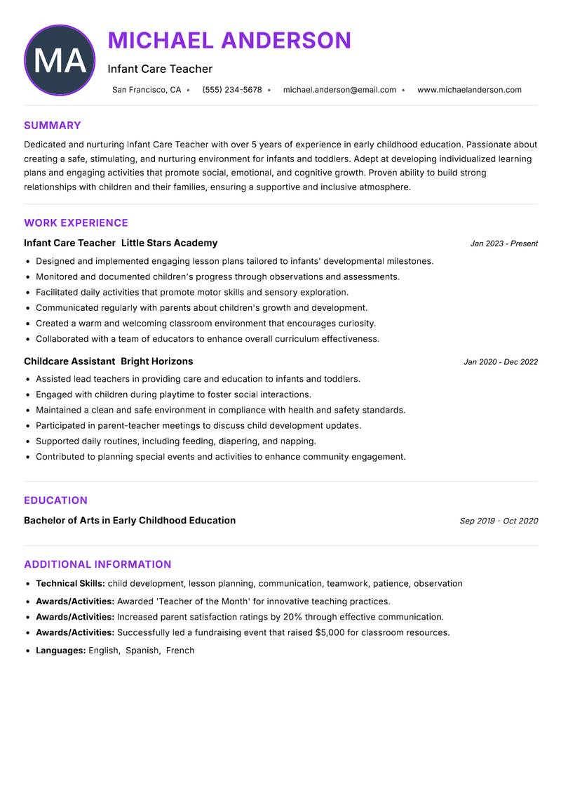 Infant Care Teacher resume example — ATS-friendly template