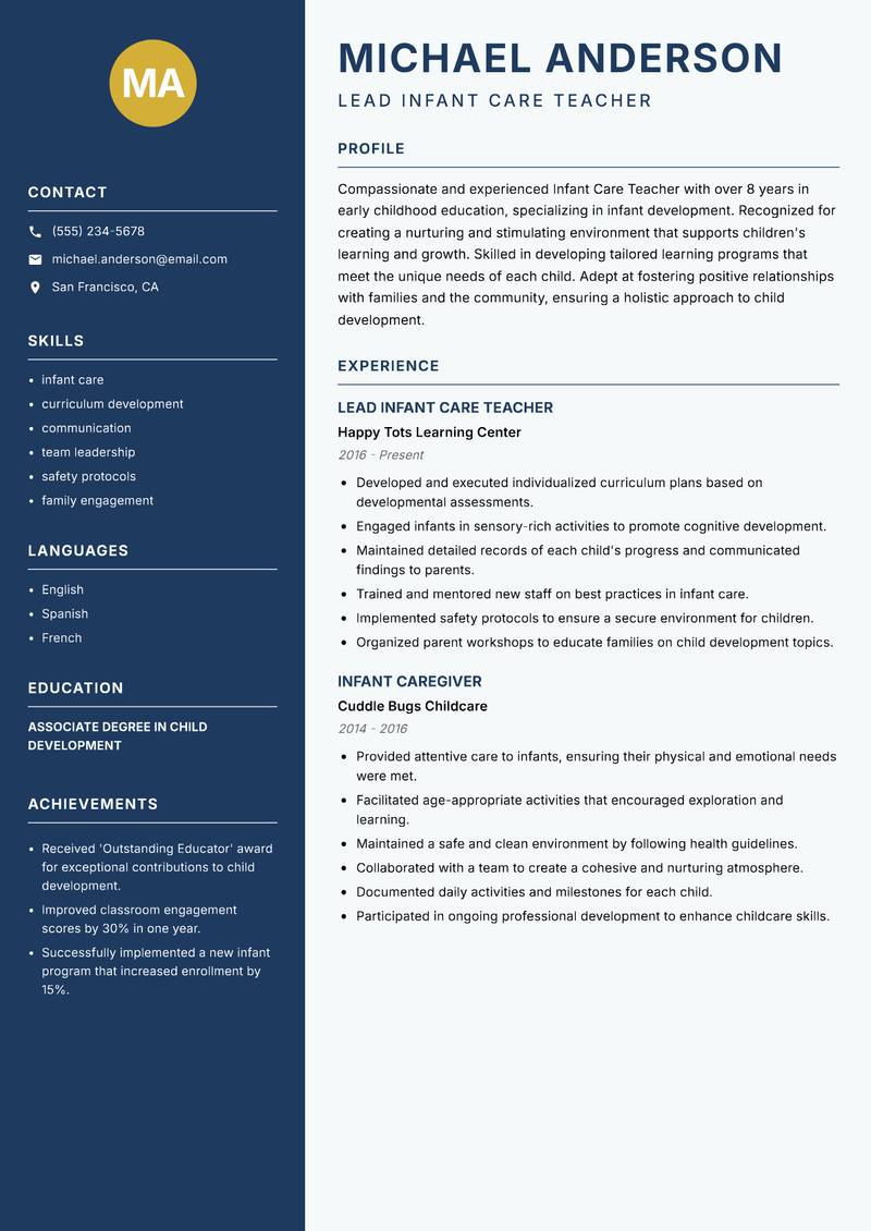 Infant Care Teacher resume template — Classic Clean