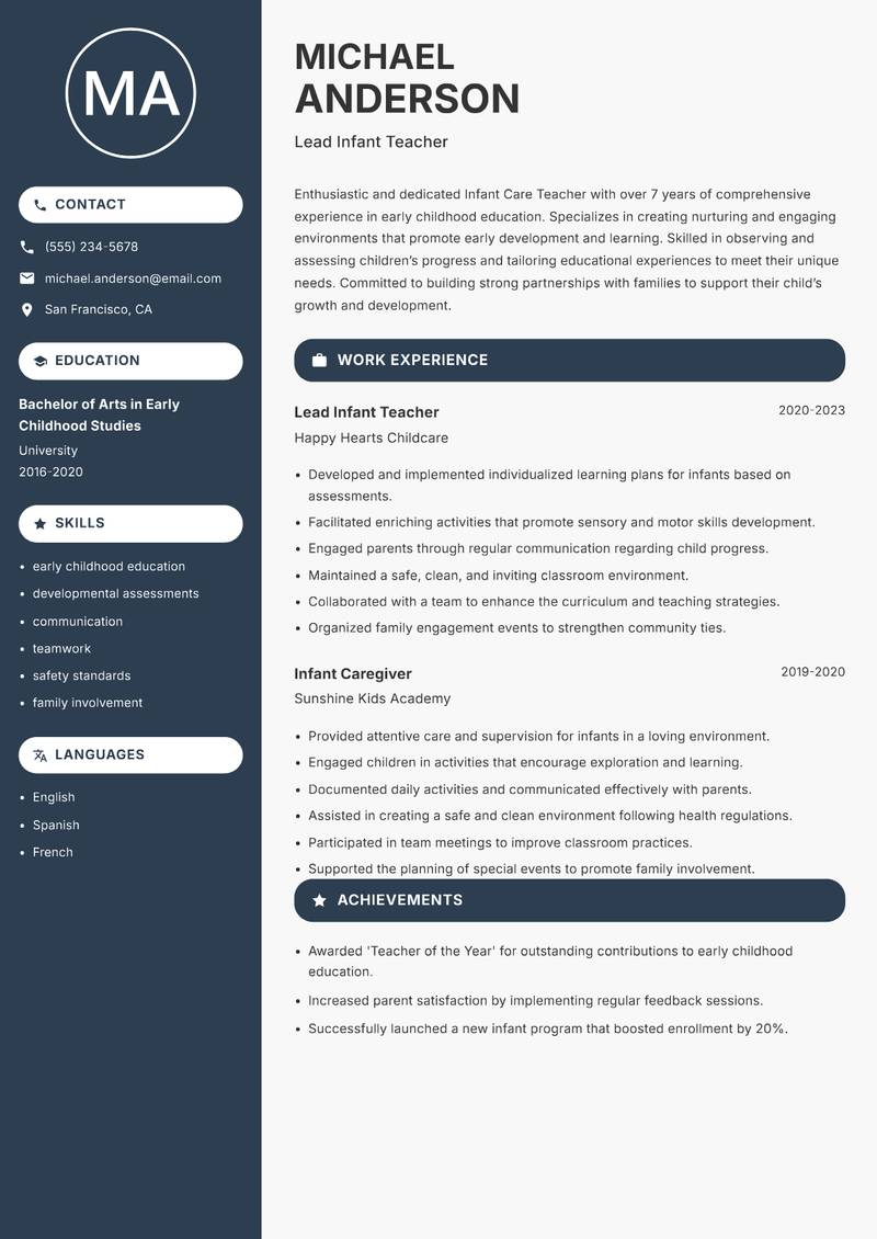 Infant Care Teacher resume template — Compact
