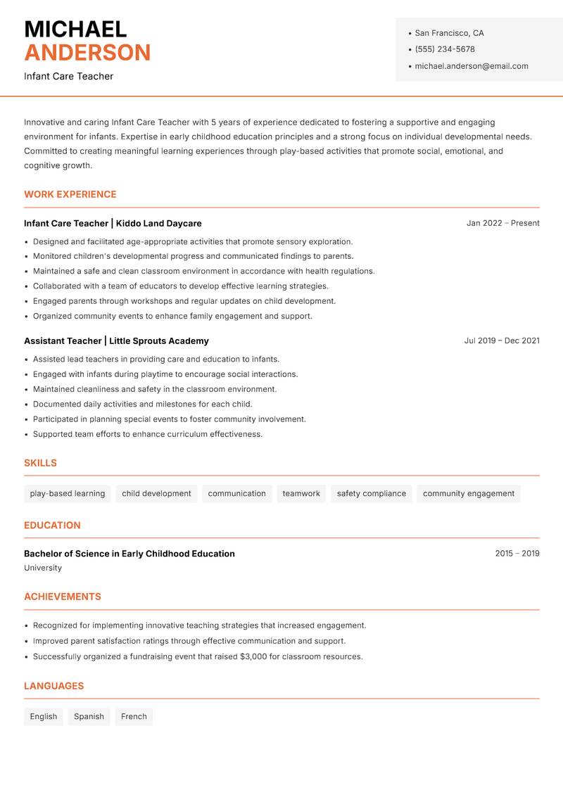 Infant Care Teacher resume template — Modern Professional