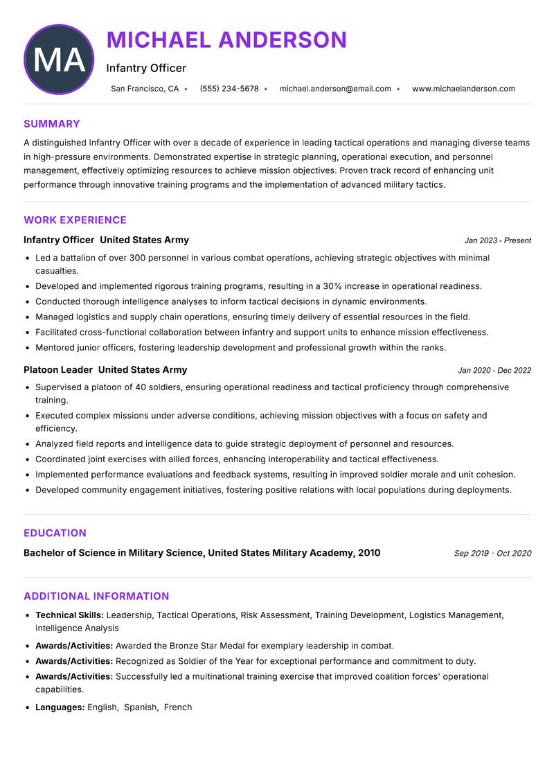 Infantry Officer resume example — ATS-friendly template
